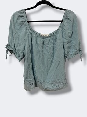 Hippie Rose Blue Peasant Blouse Eyelet Puff Sleeve Boho Top Womens L